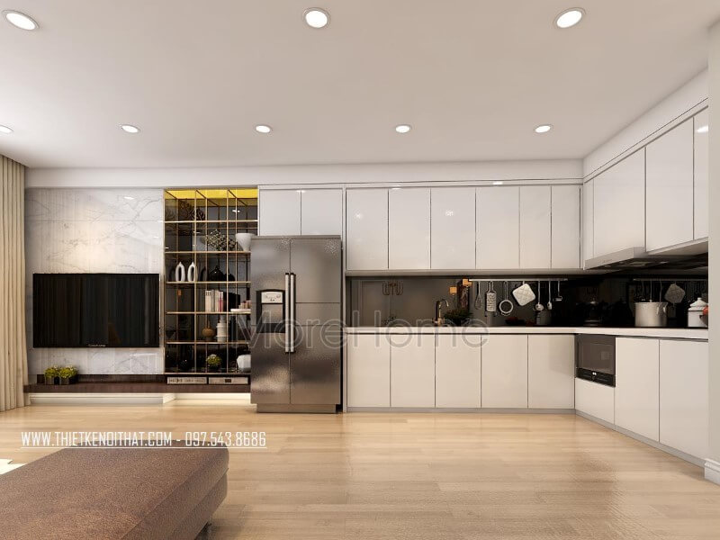 Mẫu tủ bếp màu trắng tinh tế đầy thu hút, đây là một trong những mẫu tủ được hầu hết gia chủ sống tại chung cư yêu thích Tủ bếp màu trắng