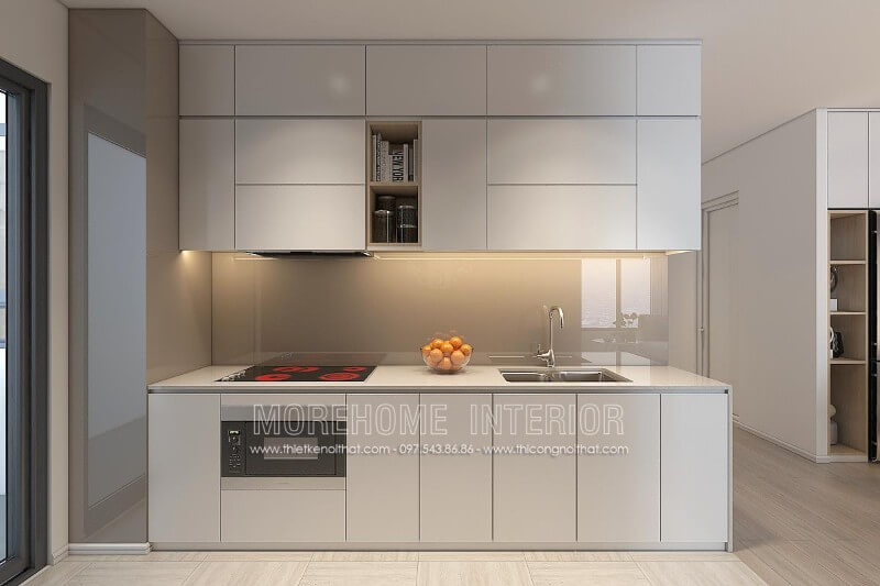 Trang trí nội thất phòng bếp chung cư nhỏ ấn tượng với mẫu tủ bếp hiện đại, màu trắng Tủ bếp màu trắng