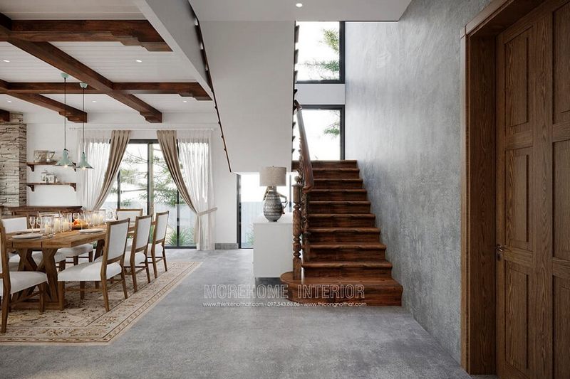 Mẫu cầu thang gỗ đẹp cho biệt thự chùa thầy, quốc oai, hà nội