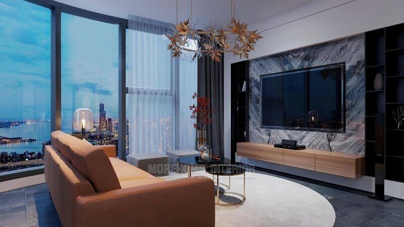 Kệ ti vi gỗ công nghiệp treo tường độc đáo tạo cho không gian phòng khách chung cư thêm phần rộng và thoáng hơn