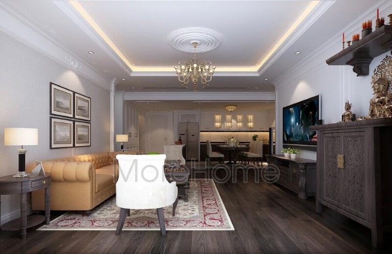 Khu vực tâm linh rất trang nghiêm và thành kính với tủ thờ dưới bày tượng phật bà quan âm và bản thờ trên bày bát hương thờ cúng gia tiên