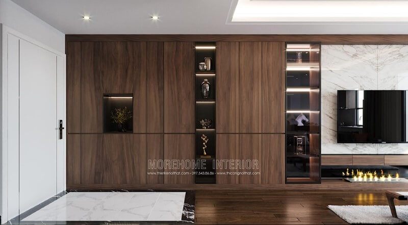 Tủ trang trí gỗ óc chó hiện đại đẹp tinh tế tại phòng khách chung cư Imperia Sky Garden Minh Khai Hai Bà Trưng Hà Nội