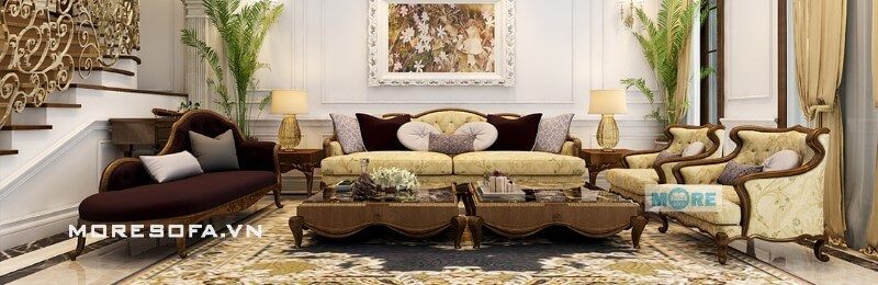 Thiết kế, sản xuất Sofa tân cổ điển MS-029 gỗ tự nhiên, bọc nỉ nhập khẩu cao cấp sang trọngcho phòng khách chung cư, biệt thự