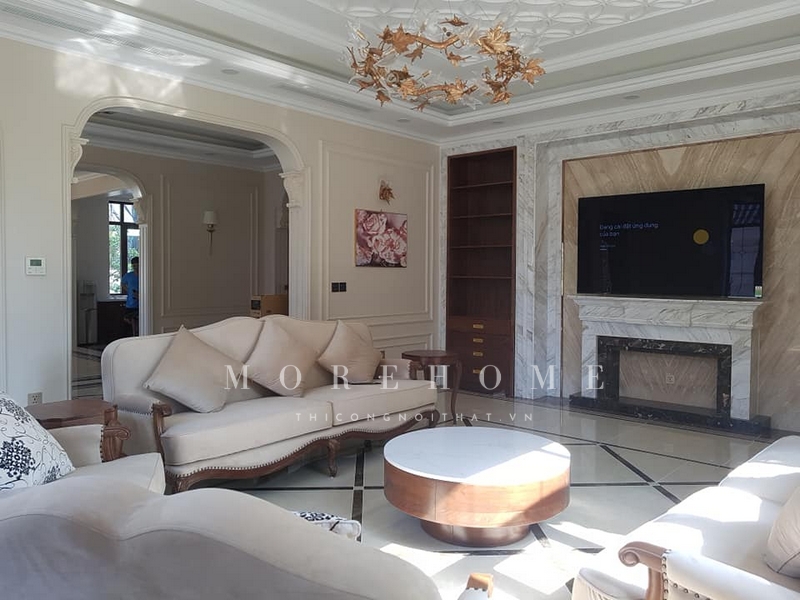 Thi công bộ sofa khung gỗ óc chó bọc nỉ màu be tân cổ điển đường cong uyển chuyển, các chi tiết sắc nét thẩm mỹ