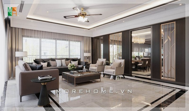 Hiện nay trong thiết kế kiến trúc phòng khách rất ưa chuộng lát nền bằng đá nhân tạo do vẻ đẹp cao cấp, bóng bẩy của đá và tính chất chống bẩn, chống trày xước rất tốt, mang lại sự sang trọng cho không gian phòng khách