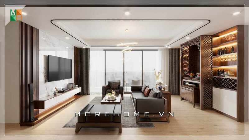 Thiết kế nội thất phòng khách với gỗ óc chó cao cấp, sử dụng ánh sáng tự nhiên từ cửa kính cường lực ban công 4 cánh lùa, tạo nên vẻ đẹp sang trọng hiện đại cho phòng khách của gia chủ
